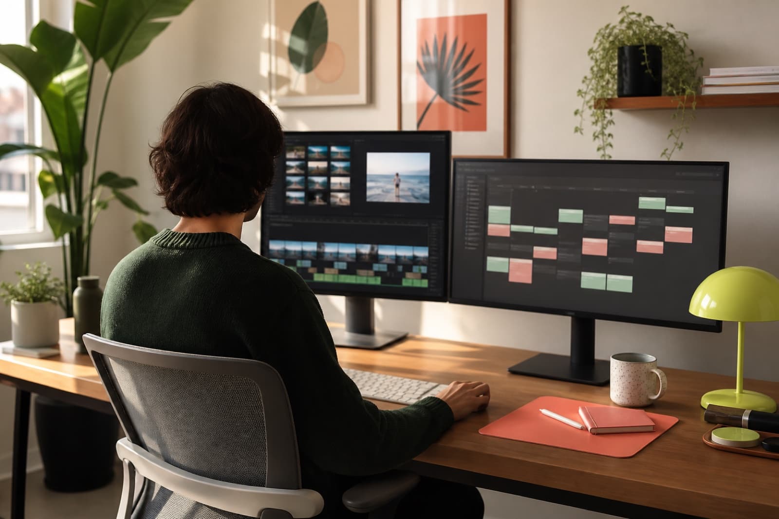 Faceless media operator managing videos and a publishing calendar